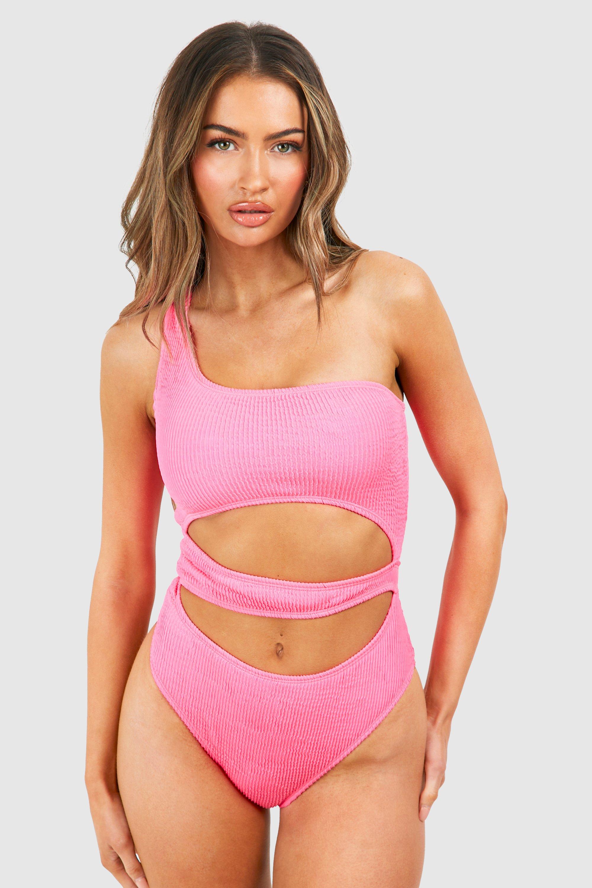 Crinkle Cut Out One Shoulder Swimsuit boohoo